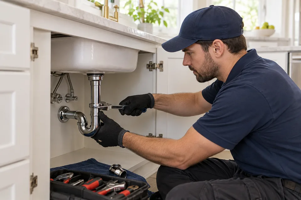 Illustrative plumber working on a sink trap in a bright kitchen