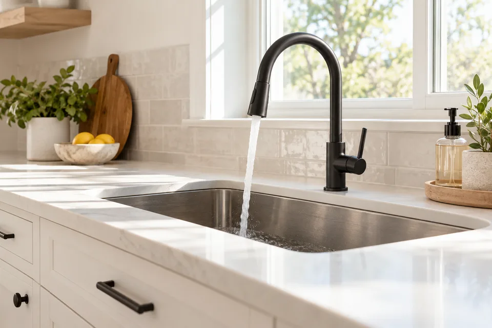 Clean modern kitchen with a black faucet and bright countertop